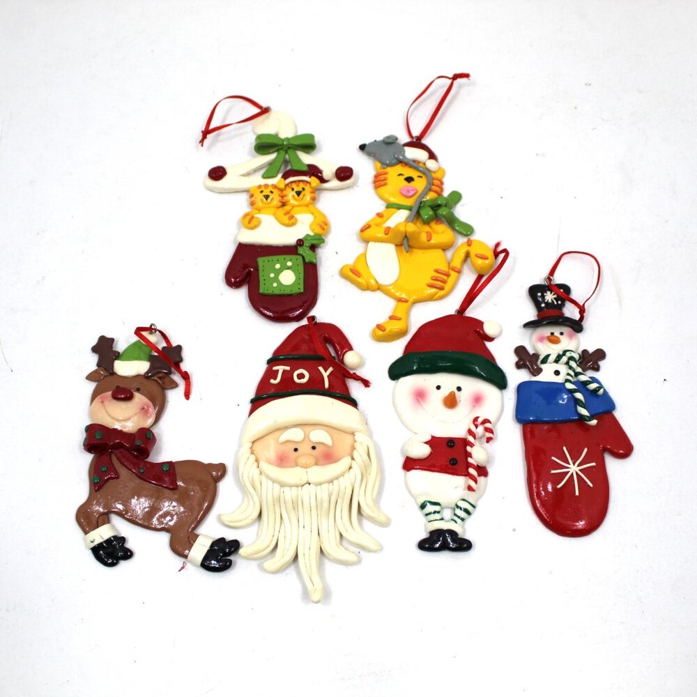 Vintage Christmas Tree Handmade Ornaments Lot of 6 Clay Santa Snowman Kitty Deer